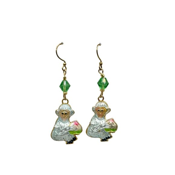 Enamel Silvery Blue Monkey Dangle Earrings with Green Bead Accents Double Sided - Picture 1 of 5